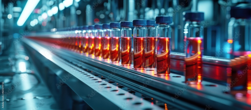 Multiple test tubes containing colorful liquids aligned in a row, showcased in a laboratory setting.