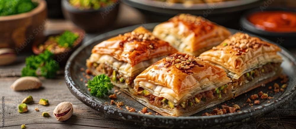 Delicious turkish baklava with pistachio on table Delicious turkish baklava with pistachio on table