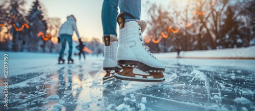 Two people skating on ice rink at sunset photo