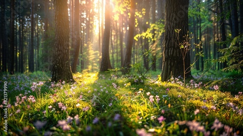  The sun illuminates the trees in a forest, showcasing wildflowers and lush grass in the foreground