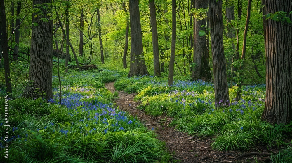 Fototapeta premium A trail surrounded by trees, with bluebell flowers lining the way
