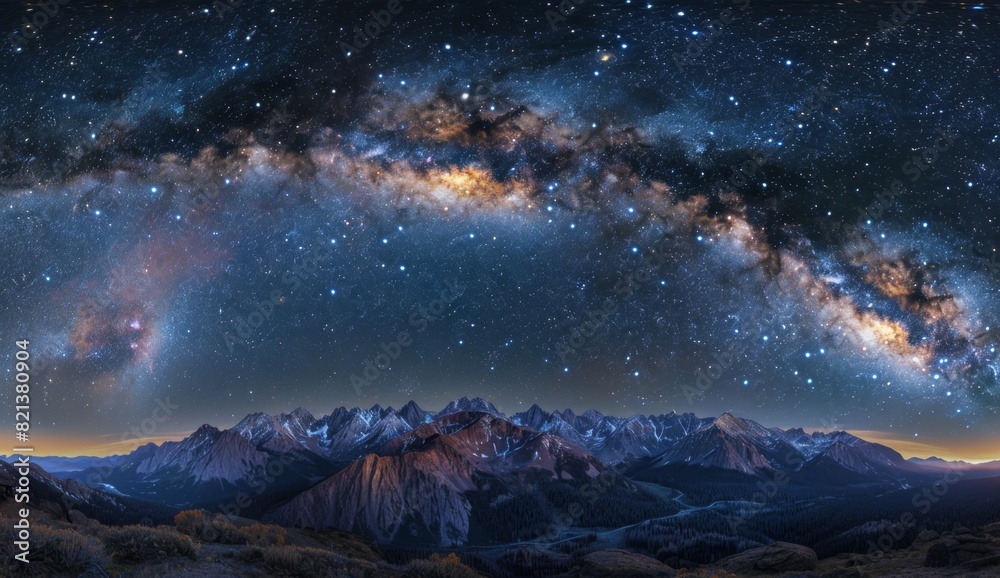 Fototapeta premium Panoramic view of the Milky Way galaxy over a rocky mountain range in Colorado Generative AI