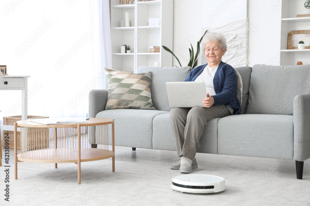 Senior woman with laptop and robot vacuum cleaner at home Senior woman with laptop and robot vacuum cleaner at home