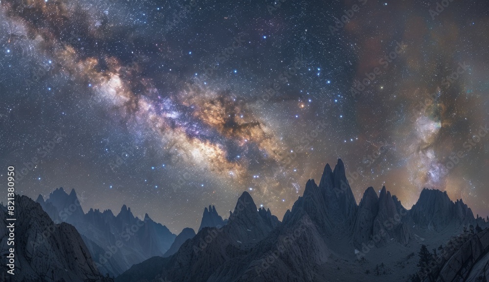 A panoramic view of the Milky Way galaxy over rugged mountain peaks Generative AI A panoramic view of the Milky Way galaxy over rugged mountain peaks Generative AI
