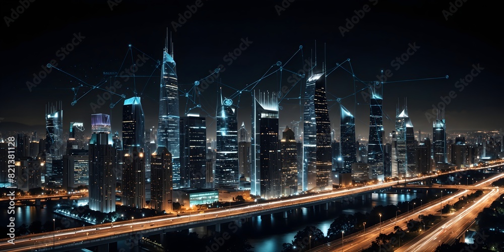 Fototapeta premium High-tech City Lights: Illuminated Skyline at Dusk