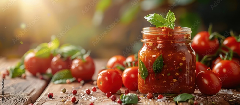Glass jar of tomato sauce surrounded by fresh tomatoes Glass jar of tomato sauce surrounded by fresh tomatoes