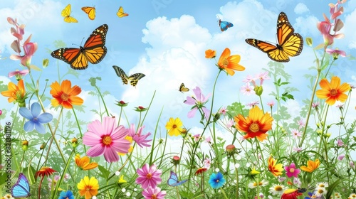 A beautiful summer garden in full bloom with a variety of colorful flowers and butterflies 