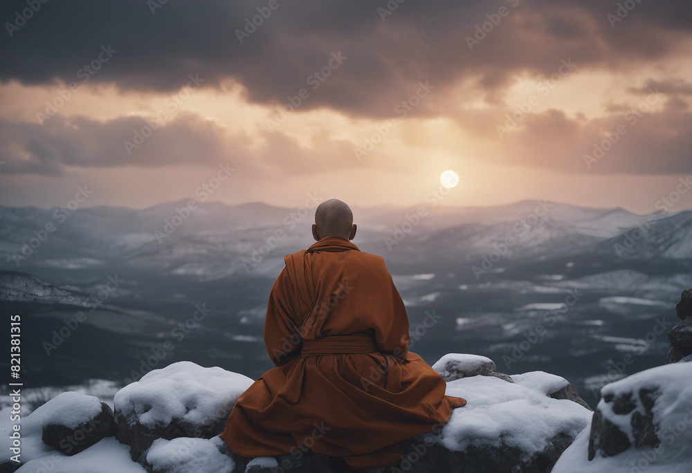 back view of a monk sitting on a rocky mountaintop watching the sunset, snowy and stormy weather
back view of a monk sitting on a rocky mountaintop watching the sunset, snowy and stormy weather