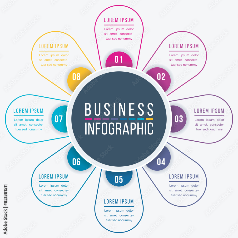 Infographic design 8 steps, objects, elements or options business information template Infographic design 8 steps, objects, elements or options business information template
