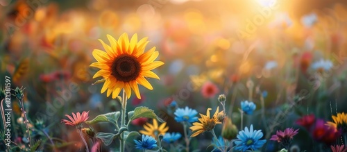 Sunflower amid wildflower field