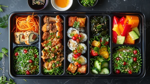Bento box, with its diverse ingredients elegantly arranged in a seamless dance of color and form. photo