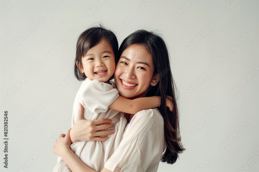 A young Asian woman and her daughter are both smiling. A woman and a child