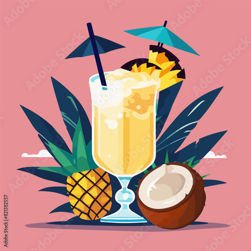 Tropical Pina Colada cocktail with drink umbrella, pineapple and coconut fruit vector. Tropischer summer coconut cocktail pina collada on pastel pink background. National Piña Colada Day vector eps10