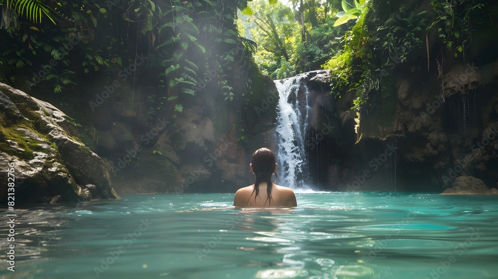 A woman enjoys a serene moment in a lush jungle pool, with a stunning waterfall in the background and sunlight filtering through the trees. A woman enjoys a serene moment in a lush jungle pool, with a stunning waterfall in the background and sunlight filtering through the trees.