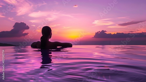 Silhouette of a woman relaxing in an infinity pool  witnessing a breathtaking purple sunset over the ocean.