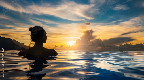 Silhouette of a woman swimming in an infinity pool  enjoying a serene sunset with vibrant clouds and calm waters.