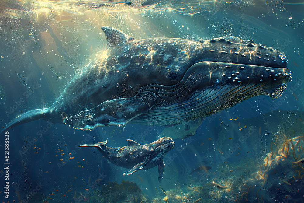 Fototapeta premium An adult whale and a newborn calf underwater. Generated by artificial intelligence