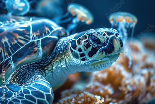 A sea turtle swims underwater surrounded by jellyfish. Wild nature. Generated by artificial intelligence