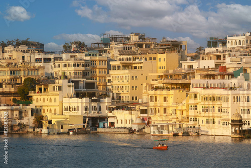 View of Udaipur city at lake Pichola in the morning, Rajasthan, India.