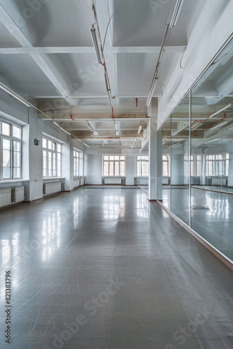Empty Interior of dance or fitness studio hall with mirrors, windows. Copy space mockup background.