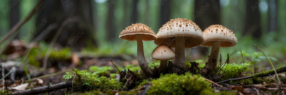 A close-up image of a group of mushrooms growing among green moss in a forest setting