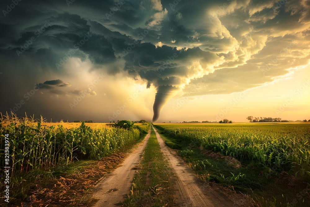 Tornado over a farm fields with dark storm clouds. Natural disaster ...