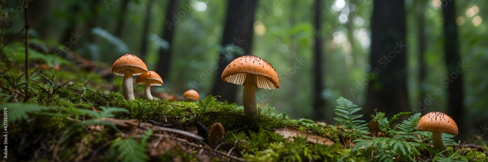 Gentle sunlight illuminates mushrooms growing in a lush forest setting Gentle sunlight illuminates mushrooms growing in a lush forest setting