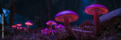 The image showcases a group of mushrooms that emit a neon glow, set against a dark, forest backdrop, creating a magical or unearthly scene © JohnTheArtist