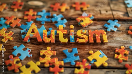 Colorful Autism Puzzle Pieces Frame Conceptual Image on a Wooden Background
