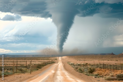 Tornado in a desert landscape. Natural disaster, cataclysm concept. Cyclone, hurricane, storm. Climate change. Design for banner, wallpaper