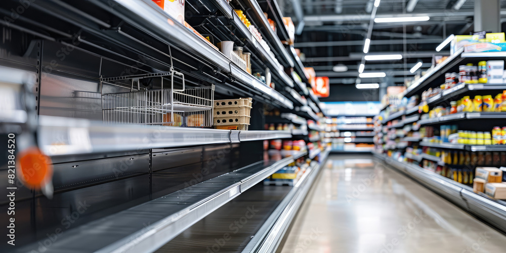 Empty shelves in grocery store. Supermarket with empty shelves, nobody. Bankruptcy, store closure, supply disruption. Empty shelves in grocery store. Supermarket with empty shelves, nobody. Bankruptcy, store closure, supply disruption.
