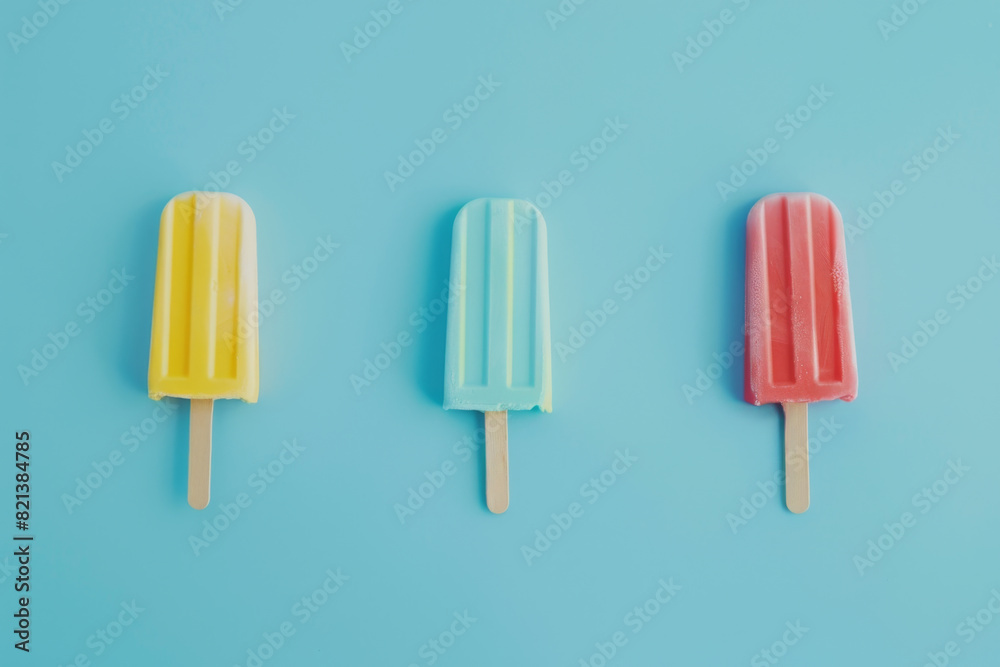 Ice cream sticks on pastel blue background. Yellow, red and blue popsicle. Flat lay. Ice cream sticks on pastel blue background. Yellow, red and blue popsicle. Flat lay.