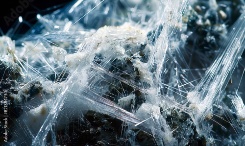 Close-Up of Asbestos Chrysotile Fibers Under Microscope Showing Detailed Structure and Composition, Hazardous Material Study, Industrial and Environmental Safety Analysis