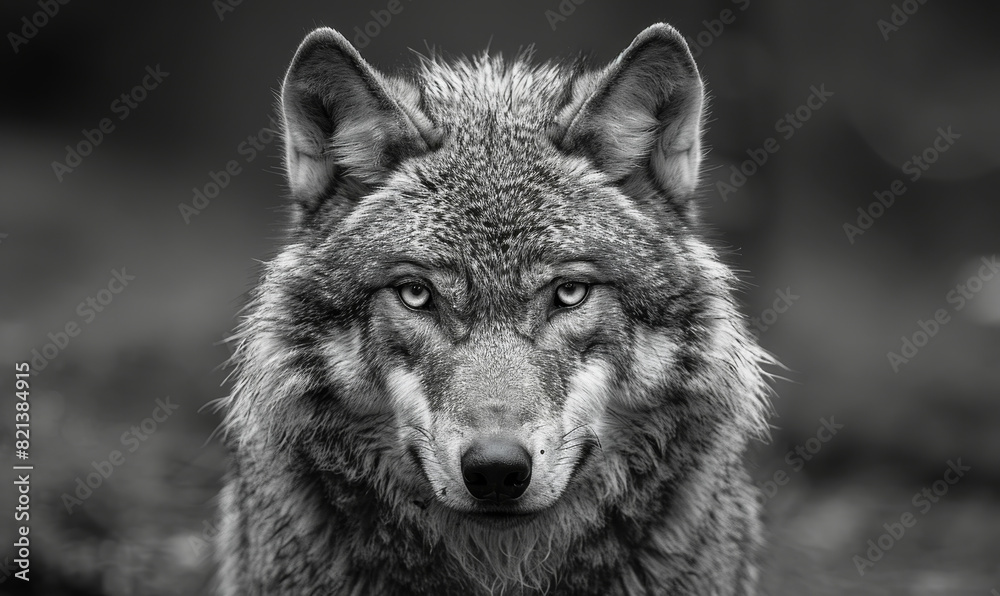 Intense Closeup of Angry Wolf in Greyscale with Blurred Background Expressing Fierce Emotion in Natural Wildlife Setting Intense Closeup of Angry Wolf in Greyscale with Blurred Background Expressing Fierce Emotion in Natural Wildlife Setting