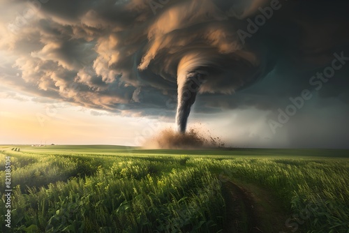 Tornado in green field with dramatic sky. Natural disaster, cataclysm concept. Cyclone, hurricane, storm. Climate change. Design for banner, wallpaper