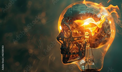 An omniscient skull inside a large incandescent light bulb, a flame inside the bulb, photo