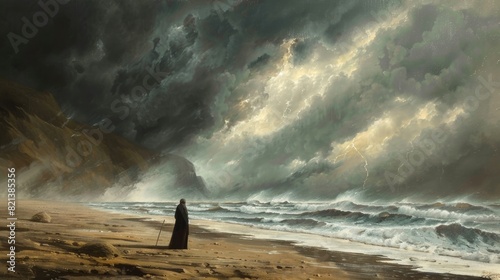 Lonely Figure On A Stormy Beach photo