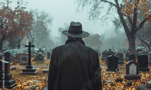 Back view of a man in a raincoat and hat walking through a cemetery on a foggy day