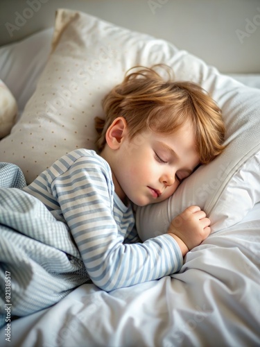 Little Boy Sleeping in Bed With Pillow. Generative AI