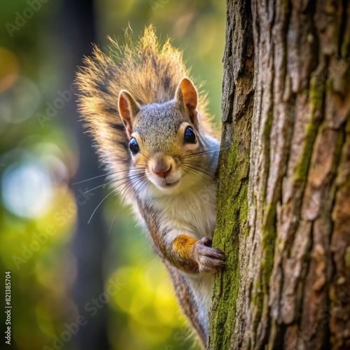 Squirrel Peeking Behind Tree. Generative AI