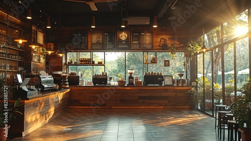 A cozy and inviting coffee shop with wooden interiors and large windows allowing sunlight to stream in, creating a warm and tranquil atmosphere