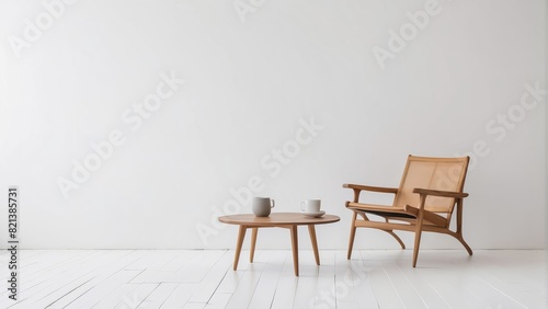 chair and wood side table against empty white color wall background. Minimalist style home