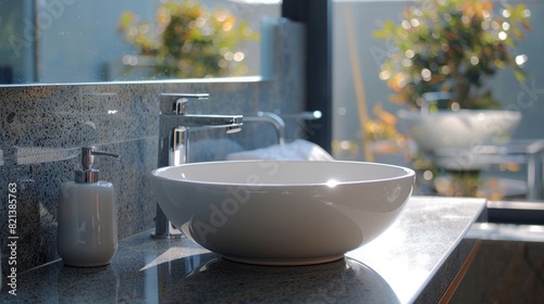 Round white ceramic sink on granite wall countertop. generative ai