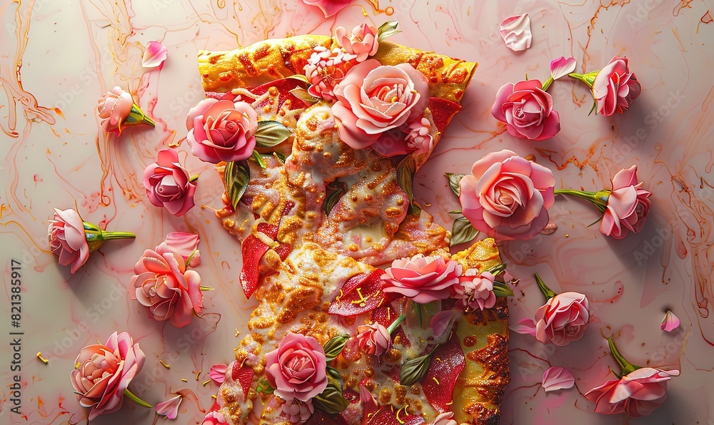 A slice of pizza with flowers on it, pink and amber colors A slice of pizza with flowers on it, pink and amber colors