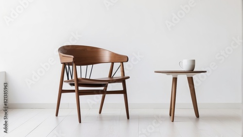 chair and wood side table against empty white color wall background. Minimalist style home