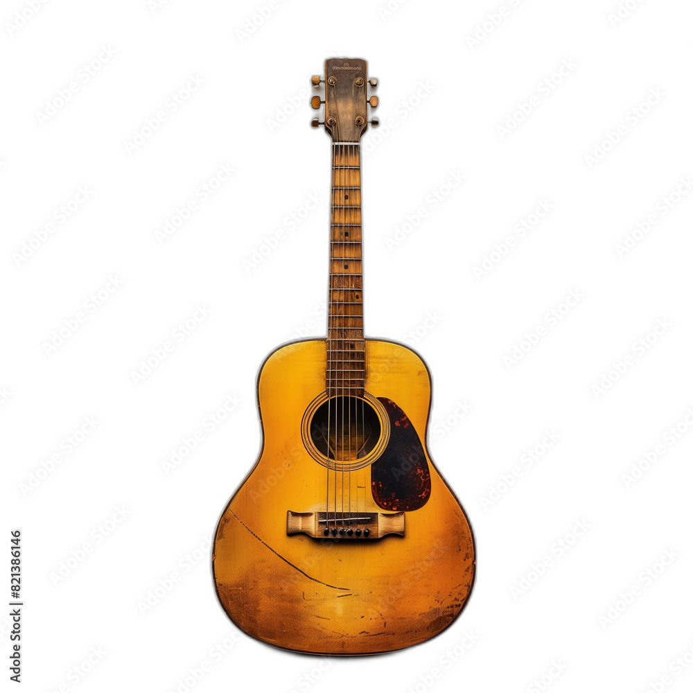 Obraz premium A vivid photograph showcasing a close-up of a classic acoustic guitar body, highlighting its intricate wood texture, strings, and soundhole, captured with perfect lighting and sharp focus.