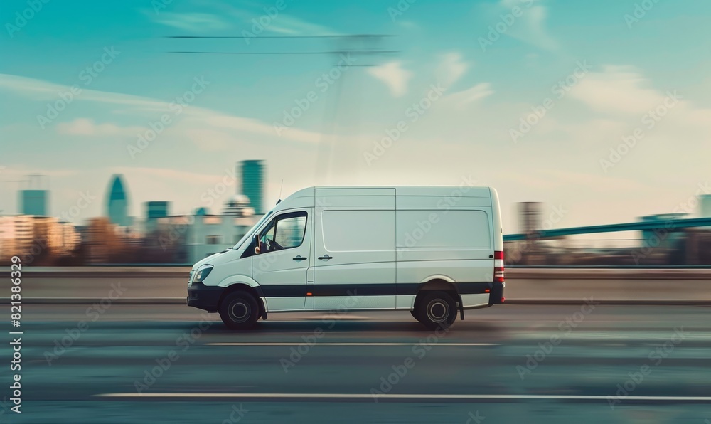 An efficient white cargo van speeds through the city amidst skyscrapers, reflecting modern urban logistics. It showcases fast delivery and transportation in a dynamic city landscape An efficient white cargo van speeds through the city amidst skyscrapers, reflecting modern urban logistics. It showcases fast delivery and transportation in a dynamic city landscape