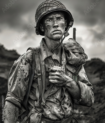 A tired and dirty U.S. Marine looks toward the lens with a determined gaze.