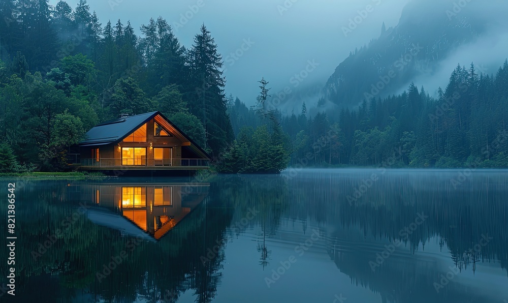 Fototapeta premium Illuminated Wooden house in the forest on a calm reflecting lake with the foggy mountains in the background at dusk