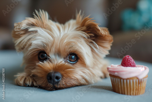A small, adorable dog with fluffy fur lies on a surface, gazing longingly at a cupcake with pink frosting and a raspberry on top. themes related to pets, desserts, and indulgence. photo